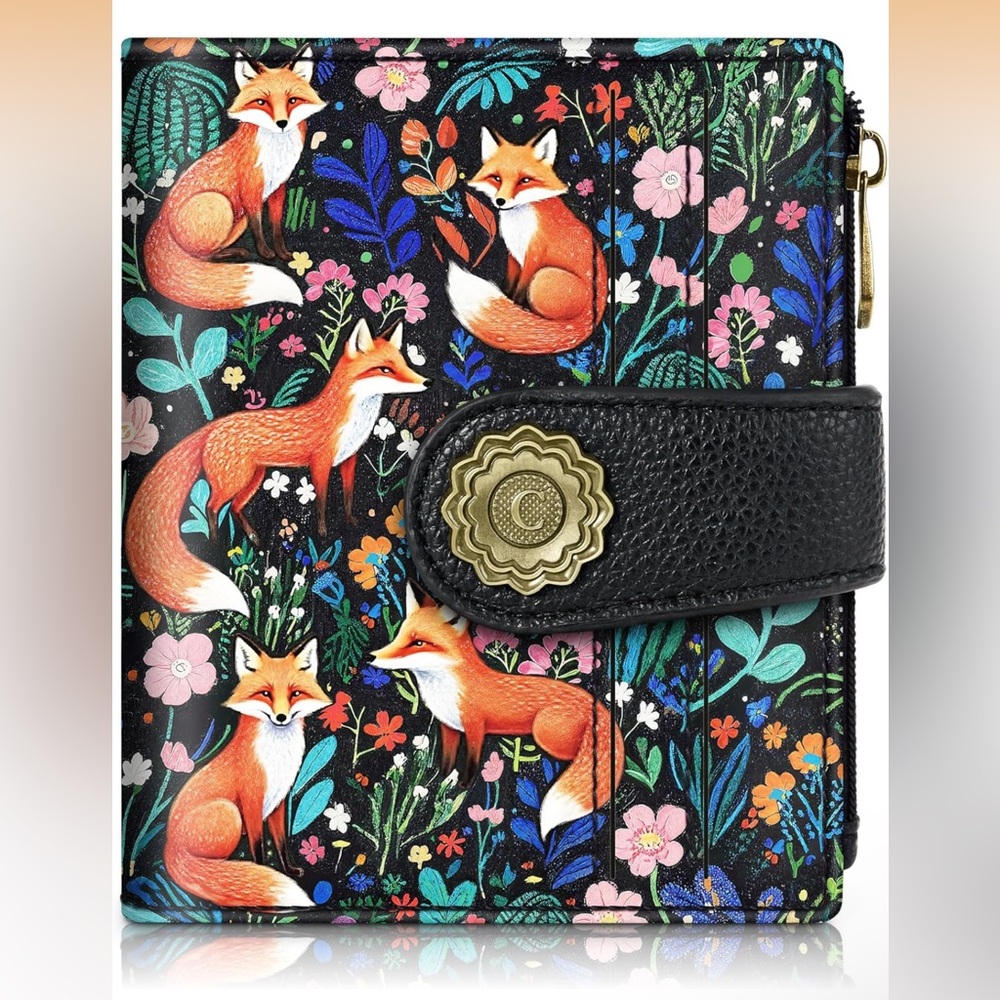 🆕 Fox Flowers Small Wallet Woman RFID Blocking, PU Leather Bifold